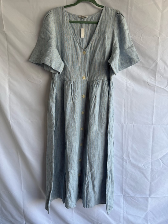 Madewell Dresses & Skirts - Madewell Linen Midi Dress XL Blue Stripe Button Front Puff Sleeve Pockets NWT